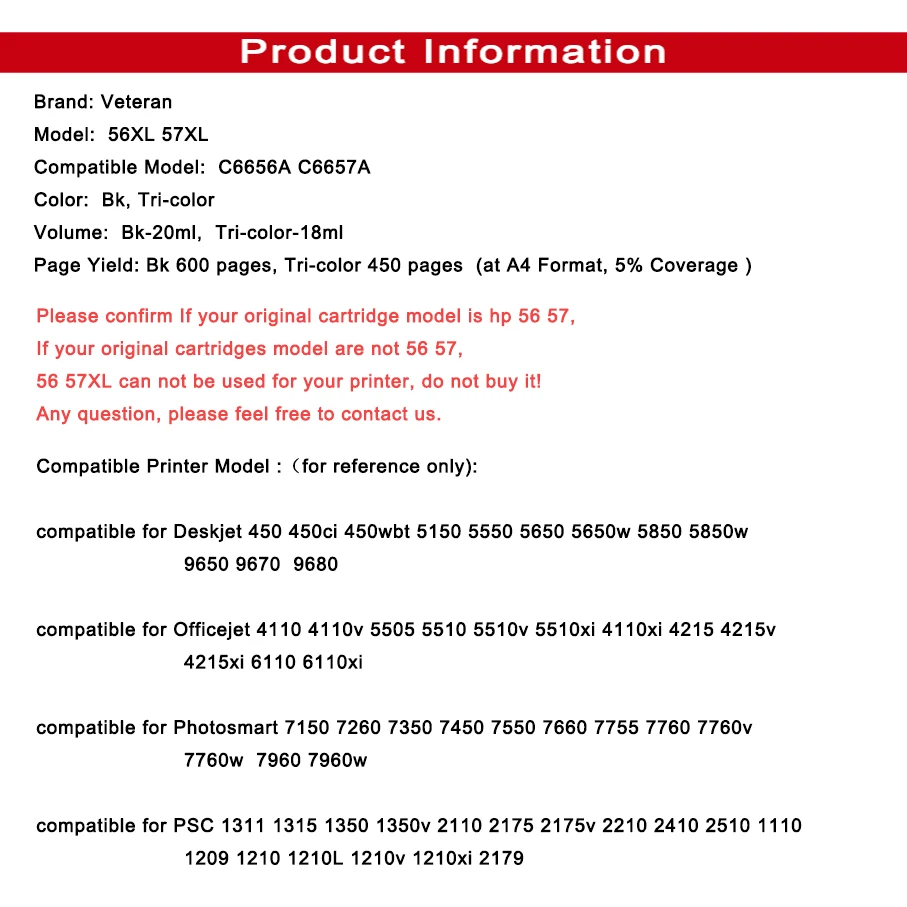 Ветеран 56XL 57XL Совместимый картридж для hp 56 57 C6656a C6657a hp56 с чернилами Deskjet 2100 220 450 5510