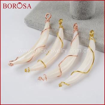 

BOROSA Gold / Rose Gold Wire Wrap Double Horn Natural White Shell Crescent Pendant for Women Necklace Making WX620