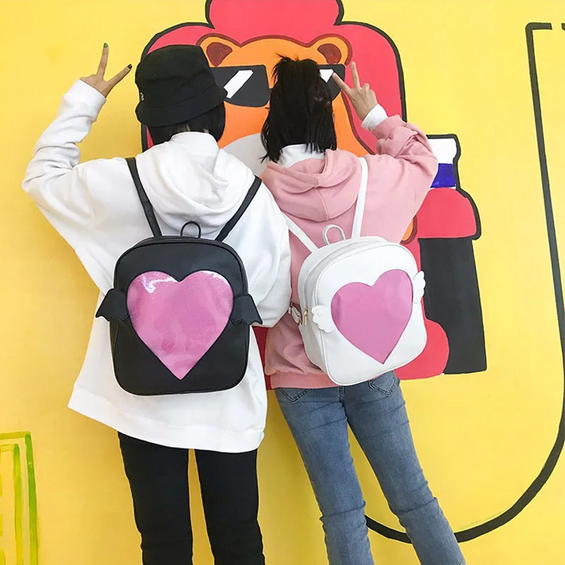 

New Women Ladies Love Heart Wings PU Leather Backpack Sweet Girls Teenagers School Backpacks Shoulder Bags Travel Bag AB@W3