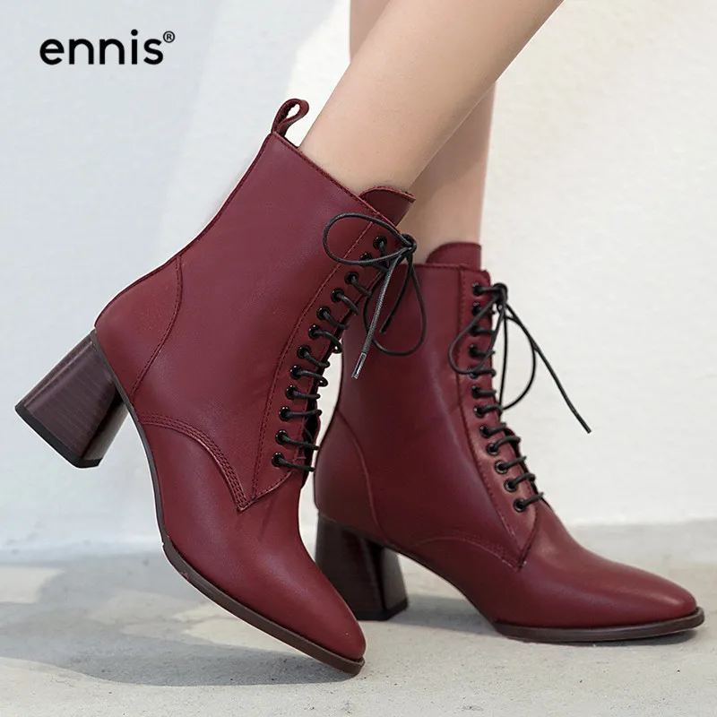 

ENNIS 2019 Autumn Mid-Calf Boots Women Lace Up Boots High Heel Shoes Ladies Genuine Leather Boots Fashion White Black Shoes A930