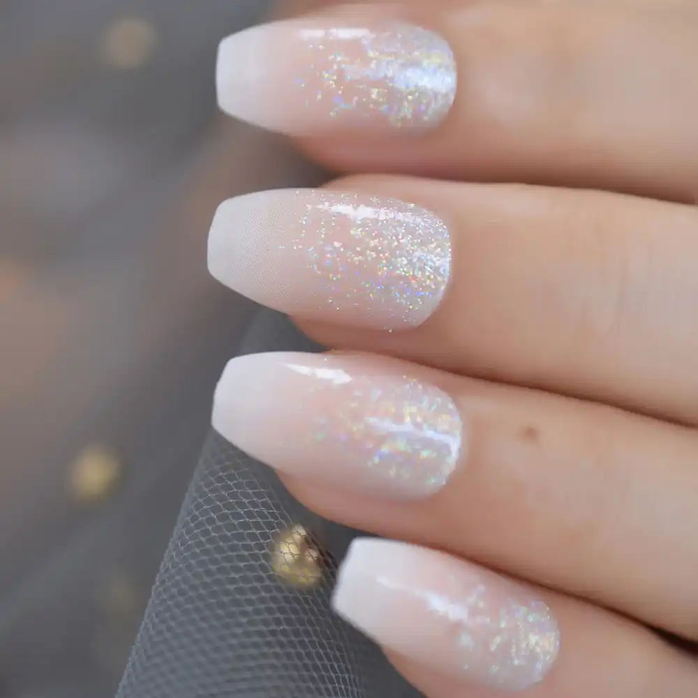 Holo Glitter Pink Nude French Ballerina Coffin False Nails