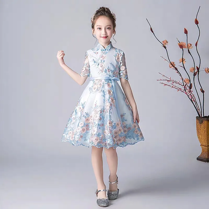 

Summer New Chinese Style Kids Children Embroidery Flowers Cheongsam Dress For Birthday Baby Girls Piano Guzheng Costume Dress