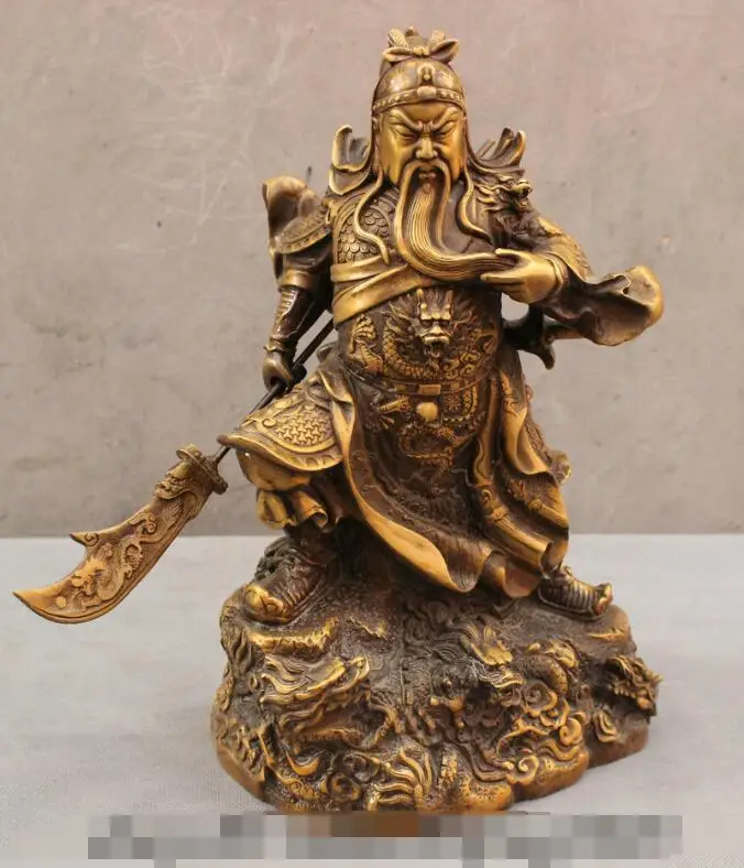 

S6573 14" Folk Chinese Bronze Dragon Head Warrior General GuanGong GuanYu God Statue D0318