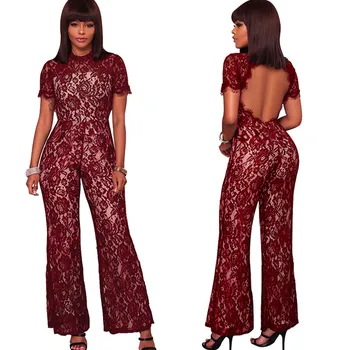 

Sexy Backless Lace Jumpsuit with Sleeve Romper Hollow Out Elegant Nightclub Party Wide Leg Jumpsuit Overalls for Women Celebrity