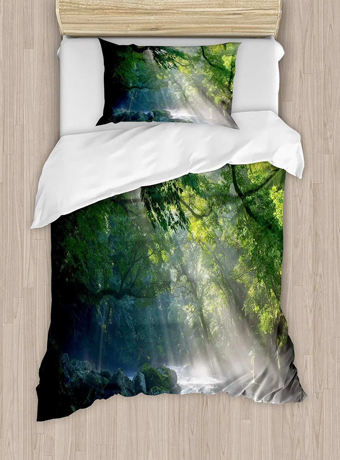 

Duvet Cover Set , Stream in the Jungle Stones under Shadows of Trees Sun Rays Mother Earth Theme, 4 Piece Bedding Set