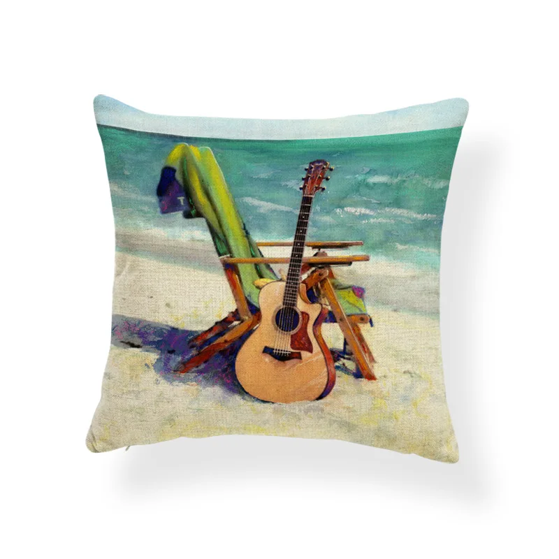الغيتار الشاطئ وسادة غطاء الحب المشهد وسادة وسائد الاستوائية خزانة الكلب عشاق الهدايا رمي غطاء وسادة شجرة 18X18 الكتان