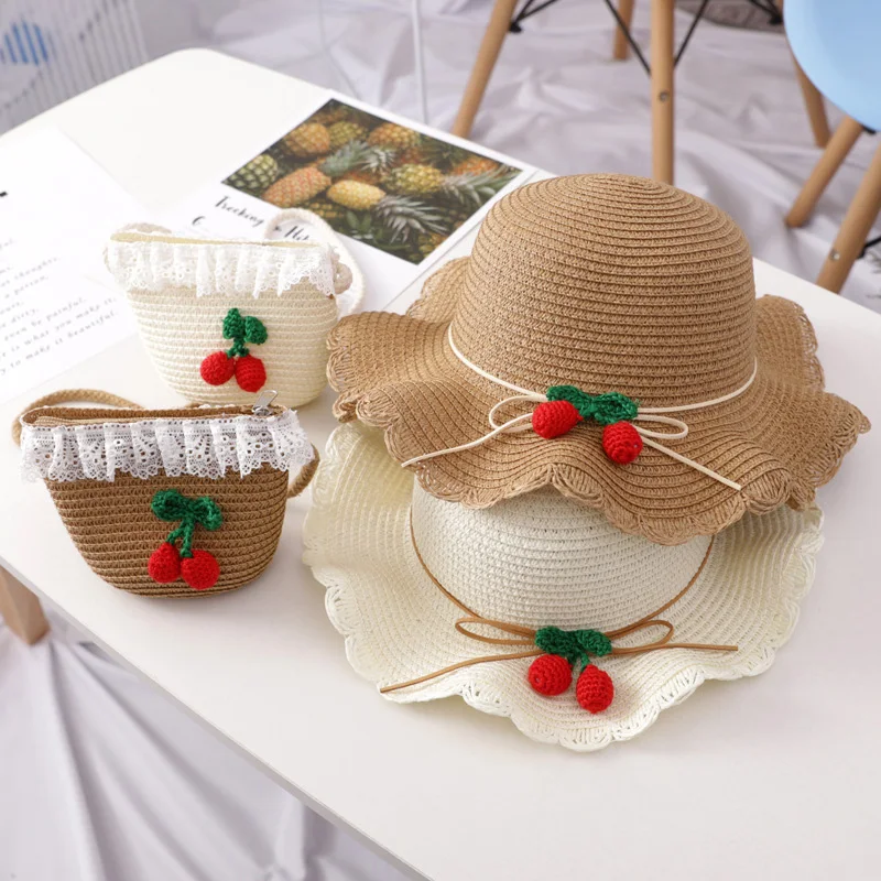 

Mayfair Cabin Girl Hat Summer Seaside With Bag Kids Hats 2-6Y Cap Breathable Straw Hats Cute Cheery Pattern Sweet Princess Hat