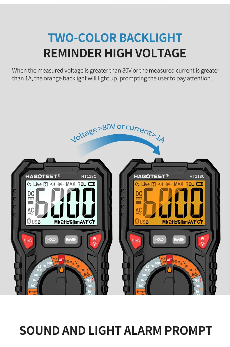 HABOTEST HT118A / C / D Цифровой мультиметр Автоматический диапазон NCV True RMS AC / DC 6000 отсчетов Двухцветный экран Индикатор напряже