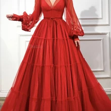 Красные мусульманские Вечерние платья А-силуэта с длинным рукавом v-образным вырезом Тюль исламский Дубай Саудовская Арабский официальный вечерний наряд длинное платье для выпускного вечера