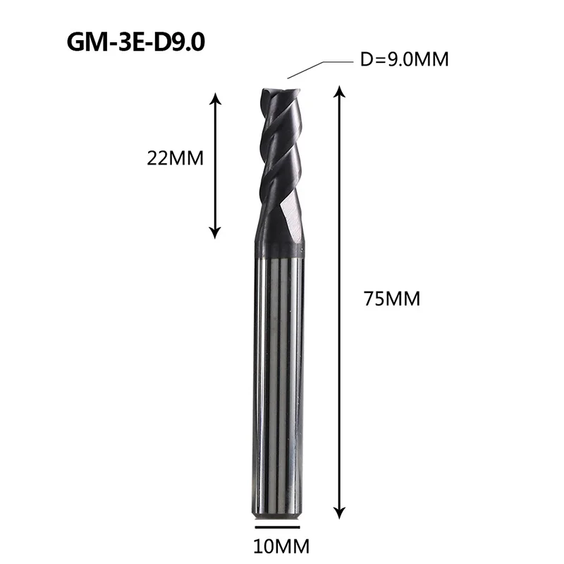 GM-3E Вольфрамовая сталь 3 Флейта с квадратной головкой с покрытием Концевая мельница с ЧПУ Фрезерный резак режущие инструменты для обработки металла приплюснутый фрезерный станок - Длина режущей кромки: GM-3E-D9.0
