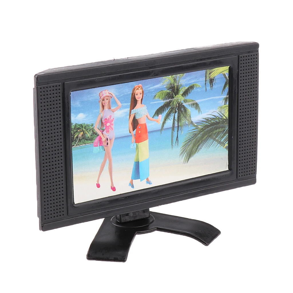 Dollhouse Furniture Entertainment Family Room LCD TV Miniature Wide Screen Television Gray Classic Pretend Play Toys for Child