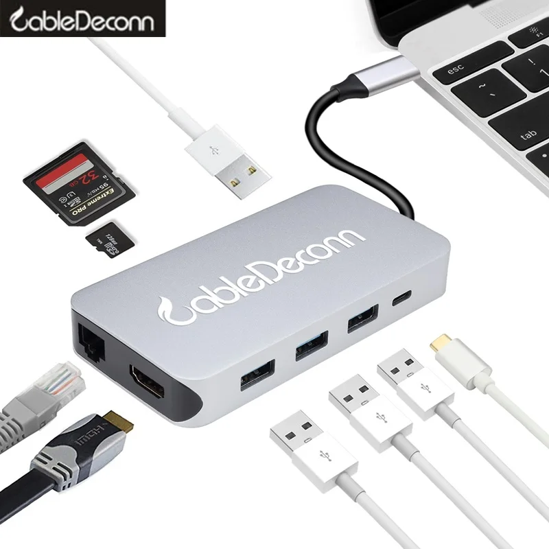 Thunderbolt 3 dock usb-c концентратора usb3.1 Тип c HDMI; Ethernet rj45 адаптер поручить tf sd-карта кабель для macbook pro 2017 dell