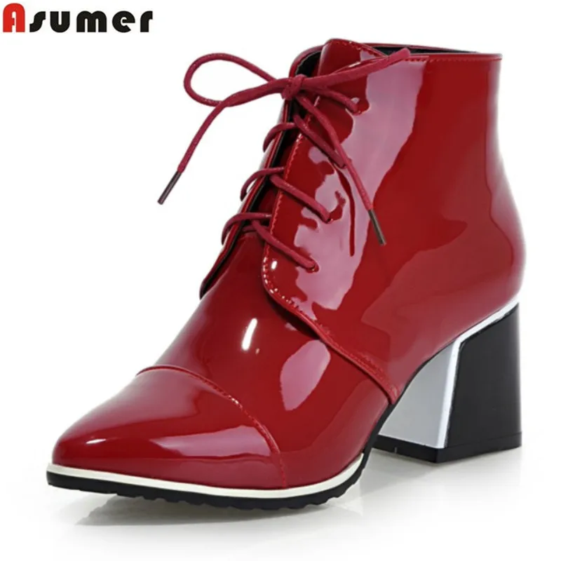 Image big size 33 43 2016 fashion lace up ankle boots med heel pointed toe shoes high quality pu patent leather autumn women boots