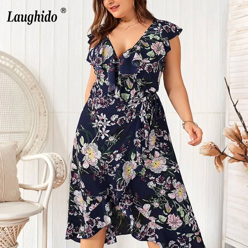 

Laughido Plus Size Floral Print Dress Women Ruffles Irregular Dress Lace Up Beach Bohemian Vestidos Slim Summer Party Robe Femme