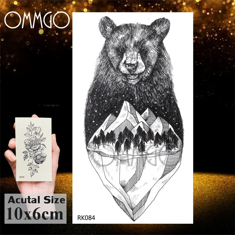 OMMGO милый черный горный Медведь Временные татуировки стикер лес парусный корабль на заказ тату боди-арт рука поддельные татуировки водонепроницаемый