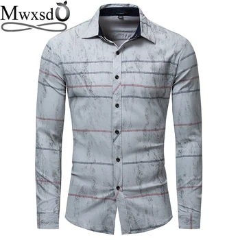 

Mwxsd high quality Casual Mens vintage striped Shirt Men long sleeve printed Cotton Shirts Male big oxford gray hawaii shirts