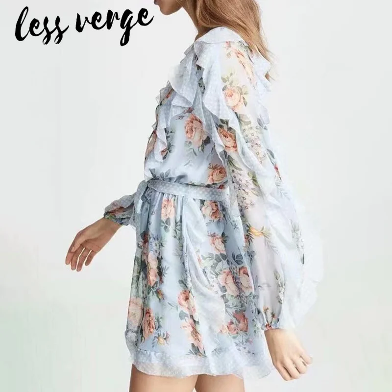 Lessverge بوهو الأزهار طباعة الأزرق الكشكشة فستان صيفي النساء v الرقبة الدانتيل يصل أنيقة اللباس عارضة فضفاض الزنانير قصيرة الشاطئ اللباس