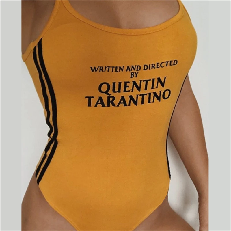 Body Tarantino Sexy Bodysuits 2018 Summer Women O-Neck Bodycon Skinny Jumpsuits Romper Button Yellow Letter Print Bodysuit S-XL