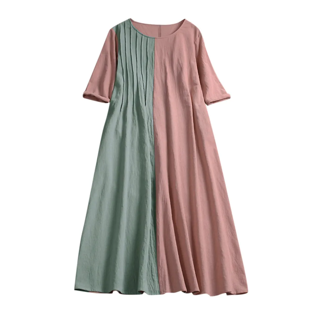 

ISHOWTIENDA Summer Dresses Womens Cotton and Linen O-Neck Dress Short Sleeve Patchwork Loose Casual Dress Girl Sukienki Damskie