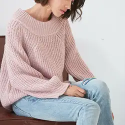 Осенний вязаный свитер женский модный сексуальный свитер с круглым вырезом с рукавом-фонариком пуловер