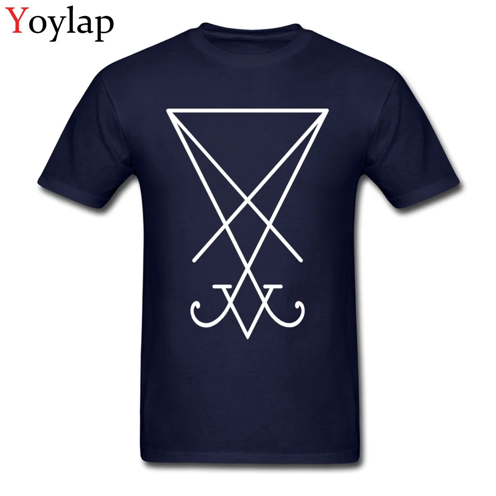 All Cotton Men Short Sleeve Tops Tees Sigil of Lucifer - White Printed Summer Autumn T Shirts Design Fitted Crew Neck Tee-Shirts navy