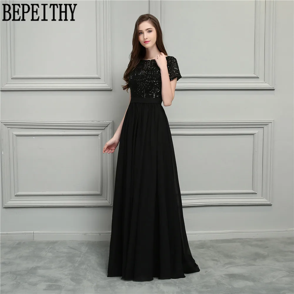 BEPEITHY vestido de festa Longo Scoop короткий рукав черный блёстки шифон Длинные мать невесты платья, выпускное платье 2019