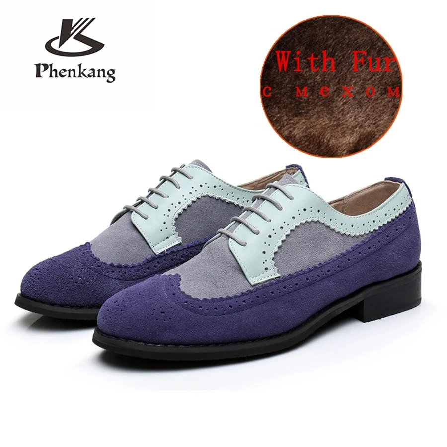 Genuine cow leather brogue men flats shoes handmade vintage casual sneakers shoes oxford shoes for men blue grey with fur - Цвет: blue with fur