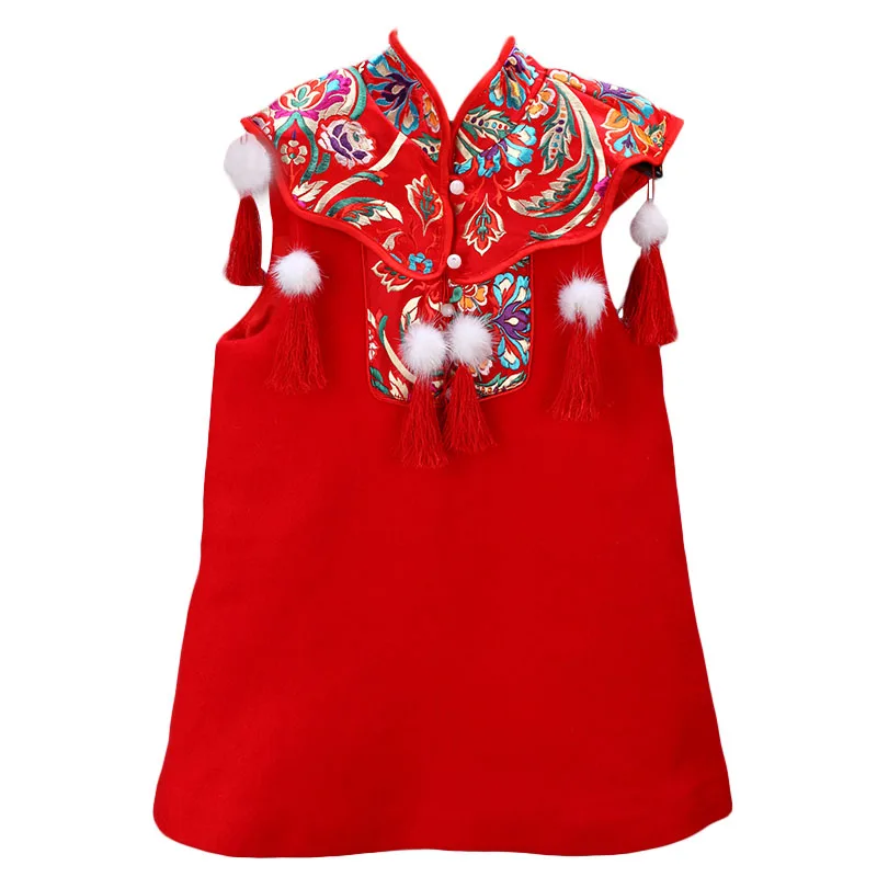 Платье для девочек в китайском стиле красного цвета с цветочным узором; платье для девочек; кружевное платье для первого причастия - Цвет: Красный