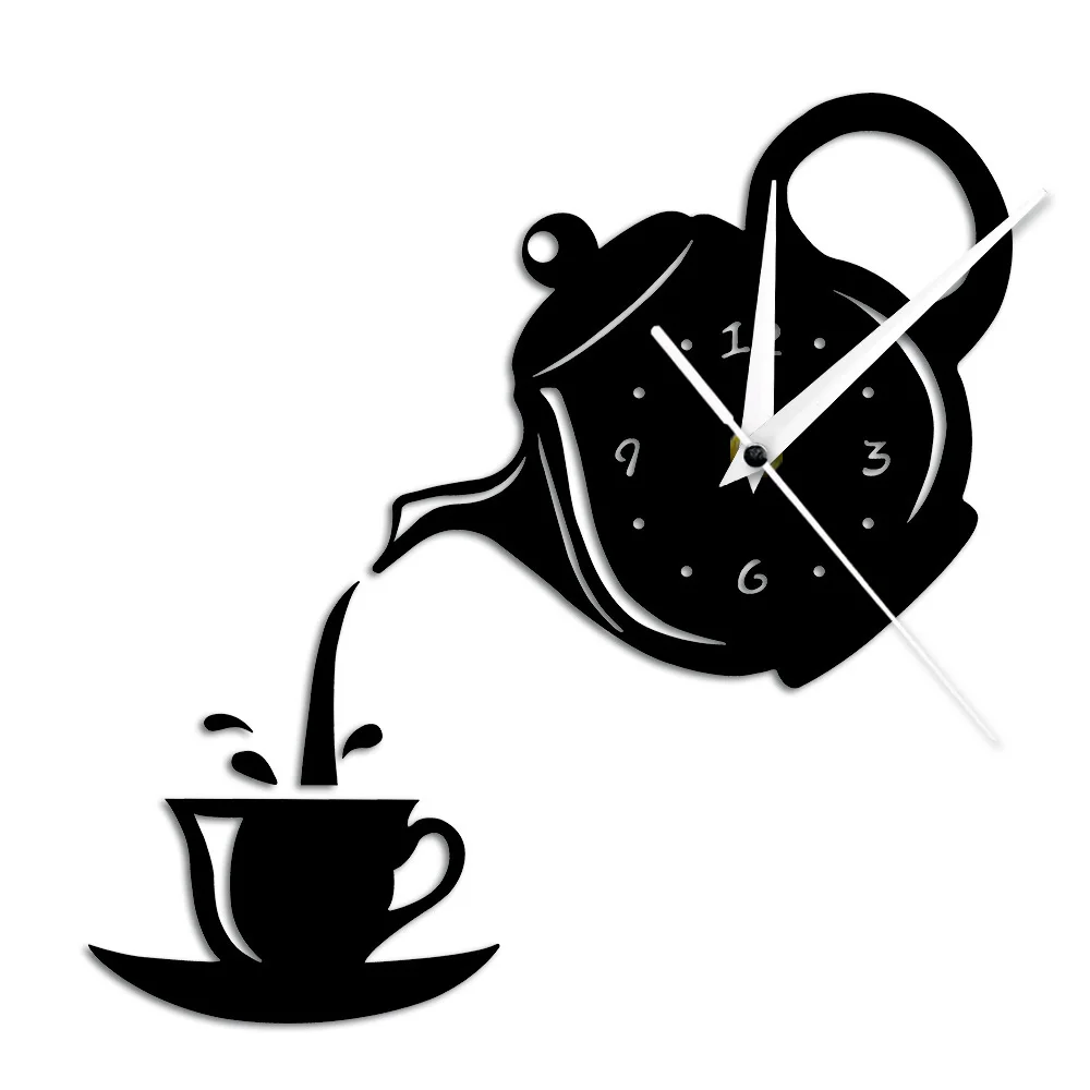 DIY дизайн чайника и чашки акриловые зеркальные современные настенные часы чайника в форме подвесных часов кухонные часы кувшин с чашкой - Цвет: Черный