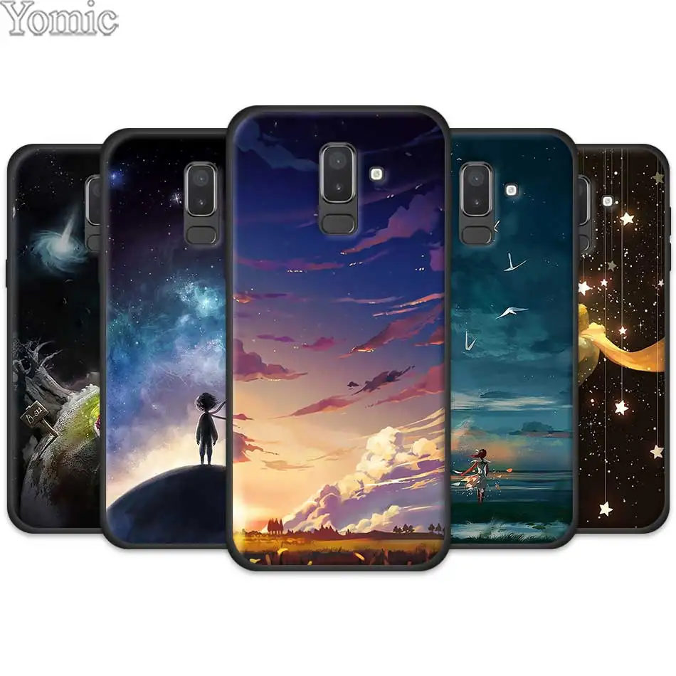 

Silicone Black Cases Coque for Samsung Galaxy J4 J6 J8 Plus 2018 J4Plus J6Plus Mobile Phone Cover Little Prince Watercolor Art