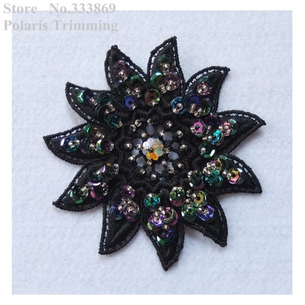 Free Shipping 4pcs/lot x New 3D Handmade Black Sequin Beaded Stoned Flower Lace Applique Trim Patch Costume Decorating PBNC111E | Дом и сад