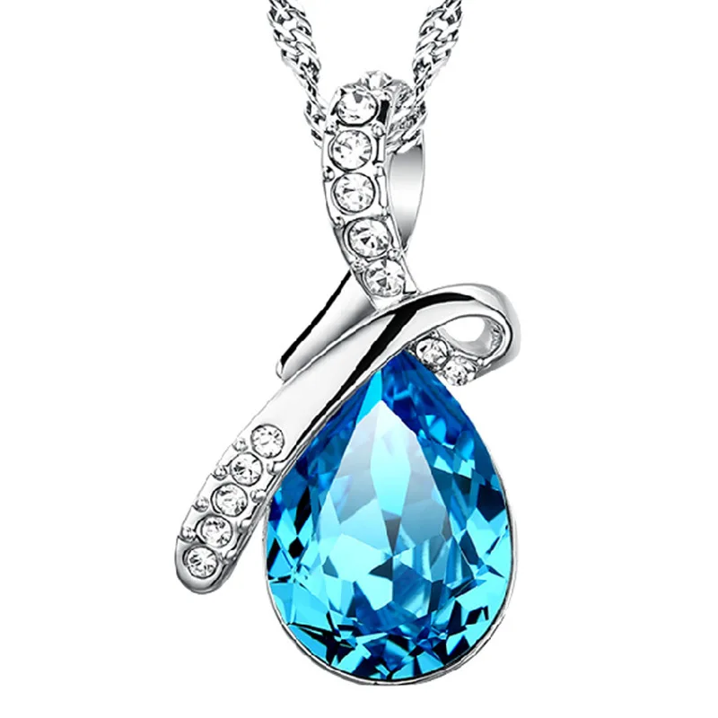 

Exquisite Blue Crystal Stone Charm Necklaces Pure 925 Silver Water Wave Chain Teardrop Pendant Necklaces For Women Party Jewelry