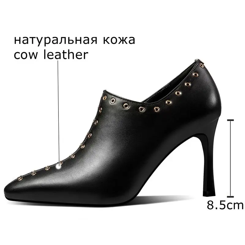 ALLBITEFO genuine leather super high heel shoes office career fashion comfortable metal decoration women heels high heels