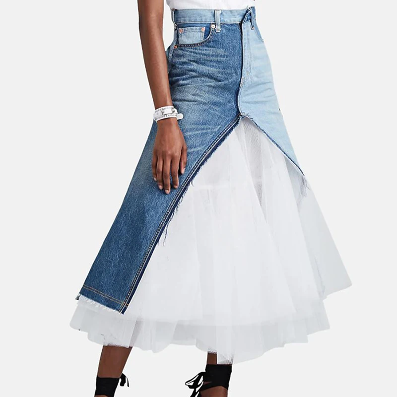 

HIGH QUALITY Newest Fashion Runway 2019 Baroque Designer Skirt Women's Color Block Denim Gauze Patchwork Skirt