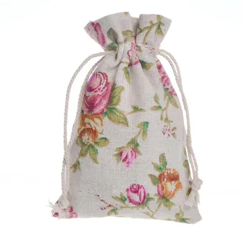 

Cotton Linen Muslin Cotton Gift Drawstring Bags 10x14cm Rose Flowers Print Bracelets Bangle Jewelry Wedding Party Favor Holders