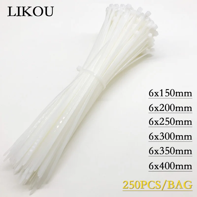 

Self-Locking Nylon66 cable tie 6x150mm 6x200mm 6x250mm 6x300mm 6x400m wholesale Plastic wire ties straps 250PCS/pag white black