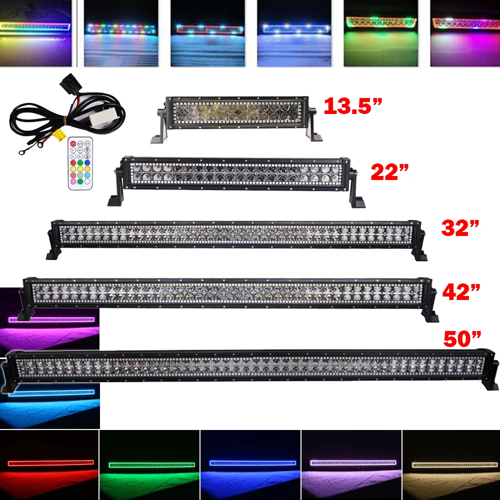 

13.5"inch 20" 22" 32" 42" 50" Inch LED Work Light Bar Combo Beam with Chasing RGB Halo Ring MultiColor Change RF Remote Control
