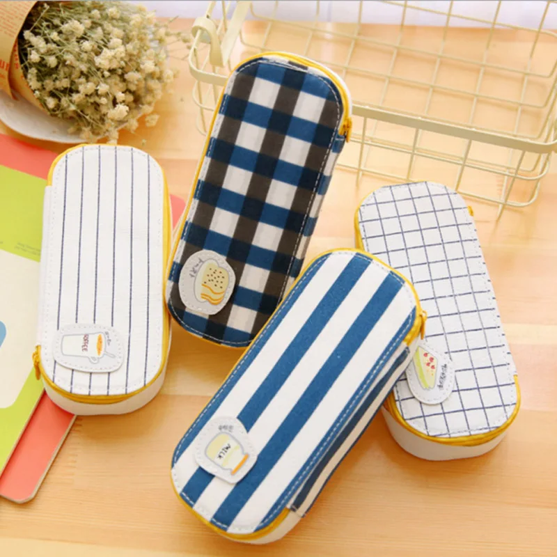 

Creative Pencil Case Large Capacity Grid Stripe Style Cute Pen Bag Canvas Material Fresh Design Zakka Stationery School supply