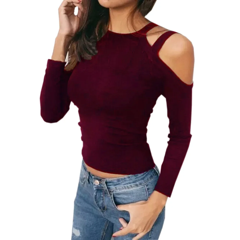 

Sexy t shirt women Long Sleeve O Neck Off The Shoulder tshirt Causal Tops lady spring clothes chemise femme