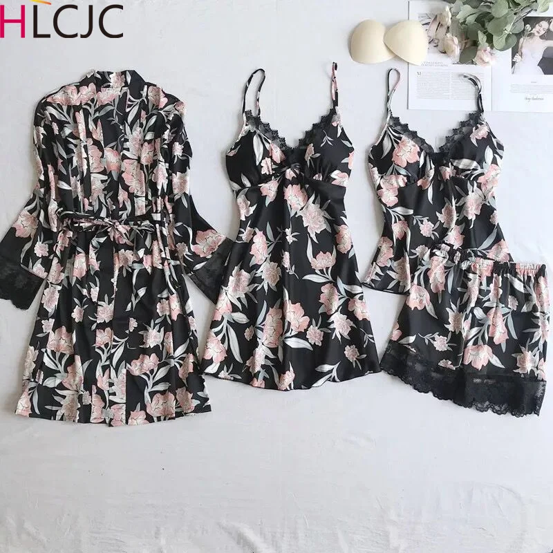 

Satin Women 4PCS Sleepwear Sexy V Neck+Shorts+Nighty+Robe Home Wear Casual Pajama Floral Pijama Set Lace Kimono Bath Gown