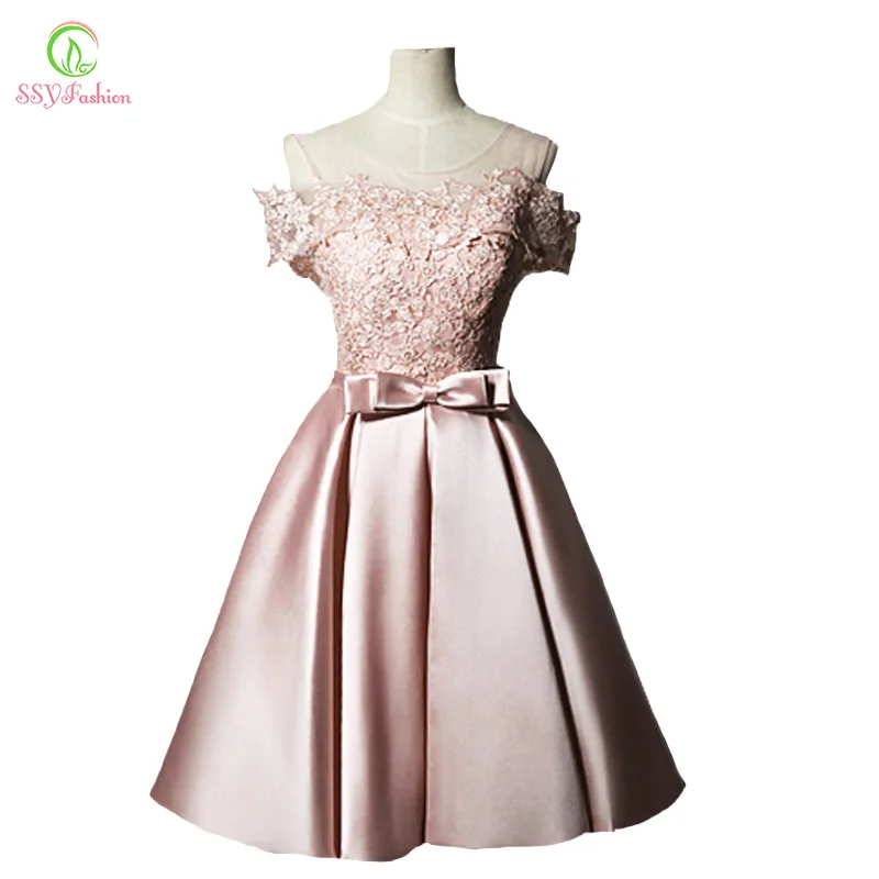 

New SSYFashion Sweet Pink Lace Satin Short A-line Banquet Party Bride Formal Dresses Custom Robe De Soiree Reflective Dress