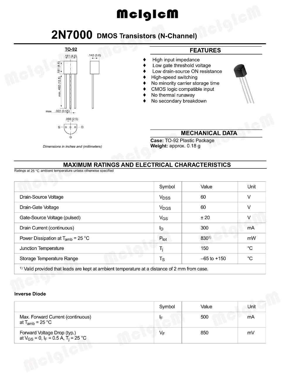 MCIGICM 100PCS 2n7000 mosfet TO92 Small Signal 200 mAmps 60 Volts N-Channel TO-92