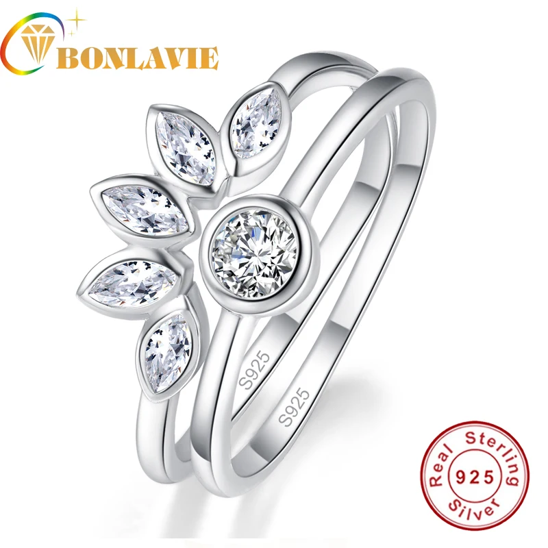 BONLAVIE 2PCS/Sets Flower Type Horse Eye Stone Ring Set White Gemstone 925 Sterling Silver Ring For Woman With Jewelry Box BONLAVIE 2PCS/Sets Flower Type Horse Eye Stone Ring Set White Gemstone 925 Sterling Silver Ring For Woman With Jewelry Box
