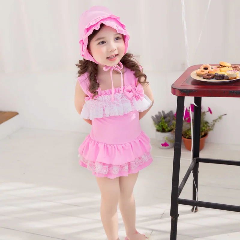 Buy 3 pieces baby girls swimsuit with swimming cap little kids swimwear solid