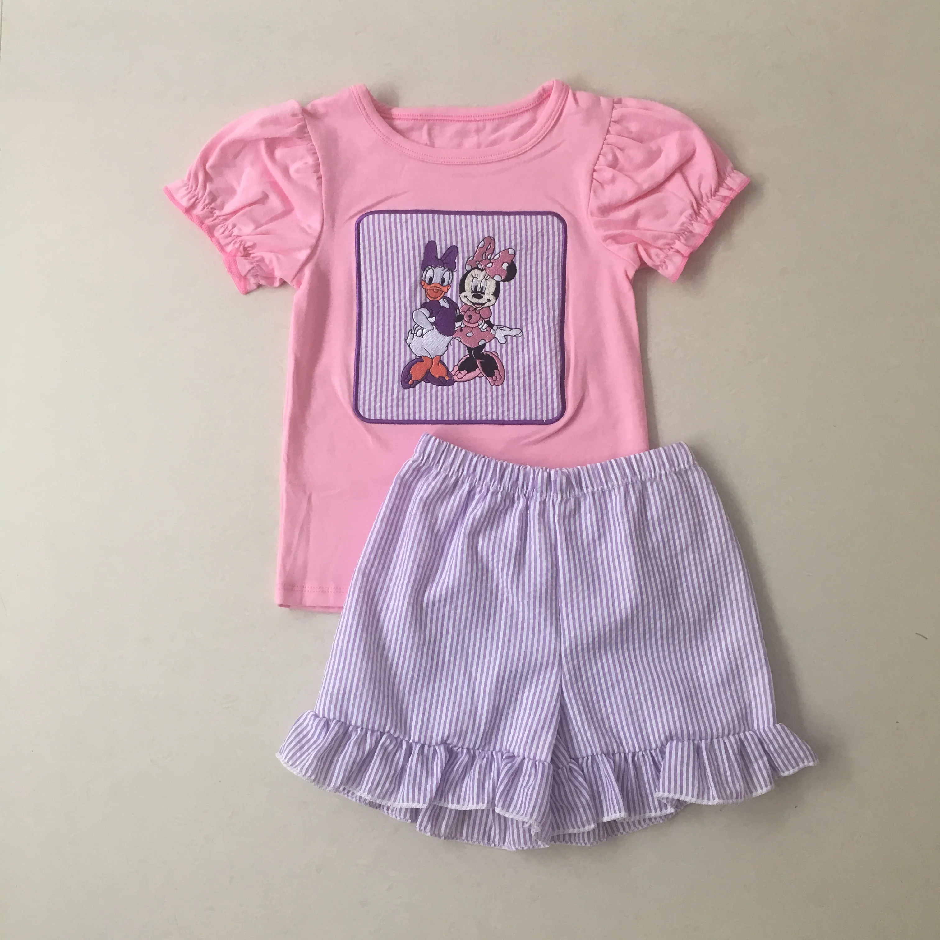 

Puresun Wholesale Summer Kids Boutique Cotton Cartoon Applique Shirt Ruffle Shorts Girls Outfits Toddler Clothing Sets