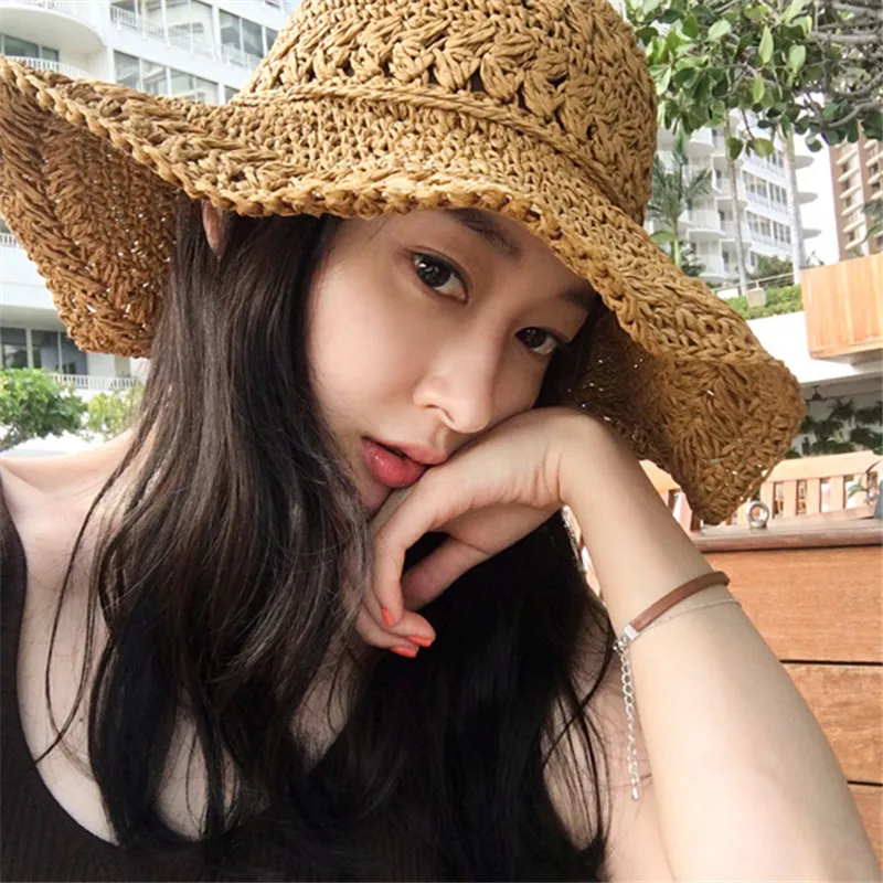 

Manual Weave Crochet Hook Straw boater Hat Woman Summer Hollow Out Foldable Will Hat Seaside Sandy Beach Hat On Vacation Sun Hat