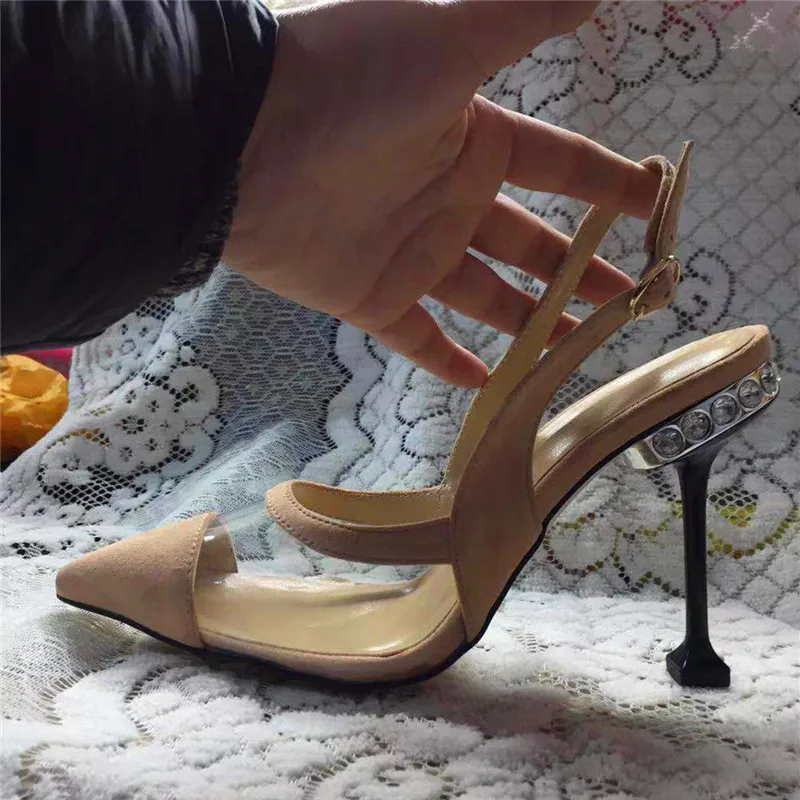 beige Luchfive/Замшевые прозрачные босоножки на каблуках для женщин; тонкие туфли на высоком каблуке с острым носком и украшением в виде кристаллов; сезон весна-лето; женская обувь - Цвет: beige