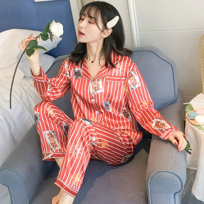 

spring stripe print Pajamas Silk lovely Women Sleepwear Set 90s Girl Nightgown Women Nightwear Long Pant Cute Silk Pajamas Sets