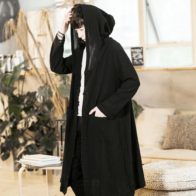 

Men Long Cloak Hooded Trench Cardigan Jacket Gothic Punk Style Male Fashion Casual Loose Thin Coat