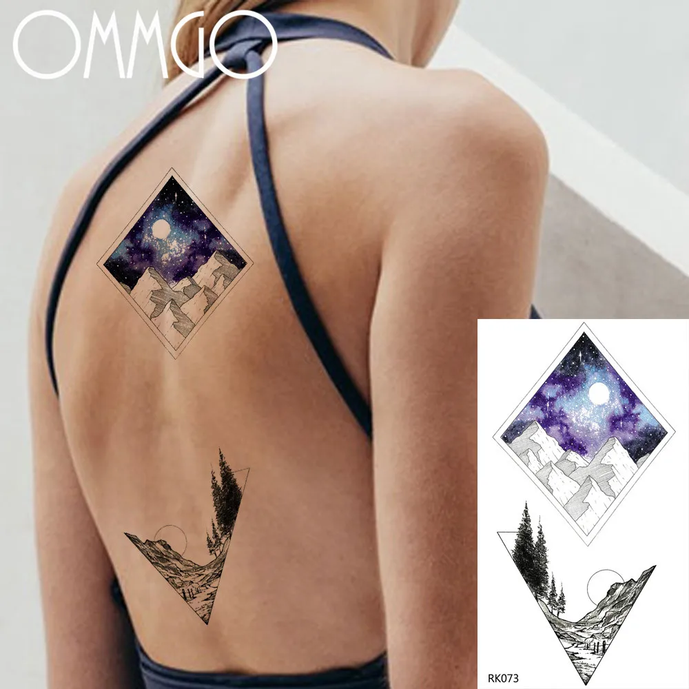 

OMMGO Geometric Galaxy Diamond Temporary Tattoos Sticker Flash Moon Fake Tattoo Forest Mountain Custom Tatoos Body Art Arm Women